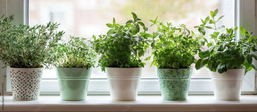 Fototapeta premium Enjoy the vibrant greenery of various herbs thriving on a windowsill.