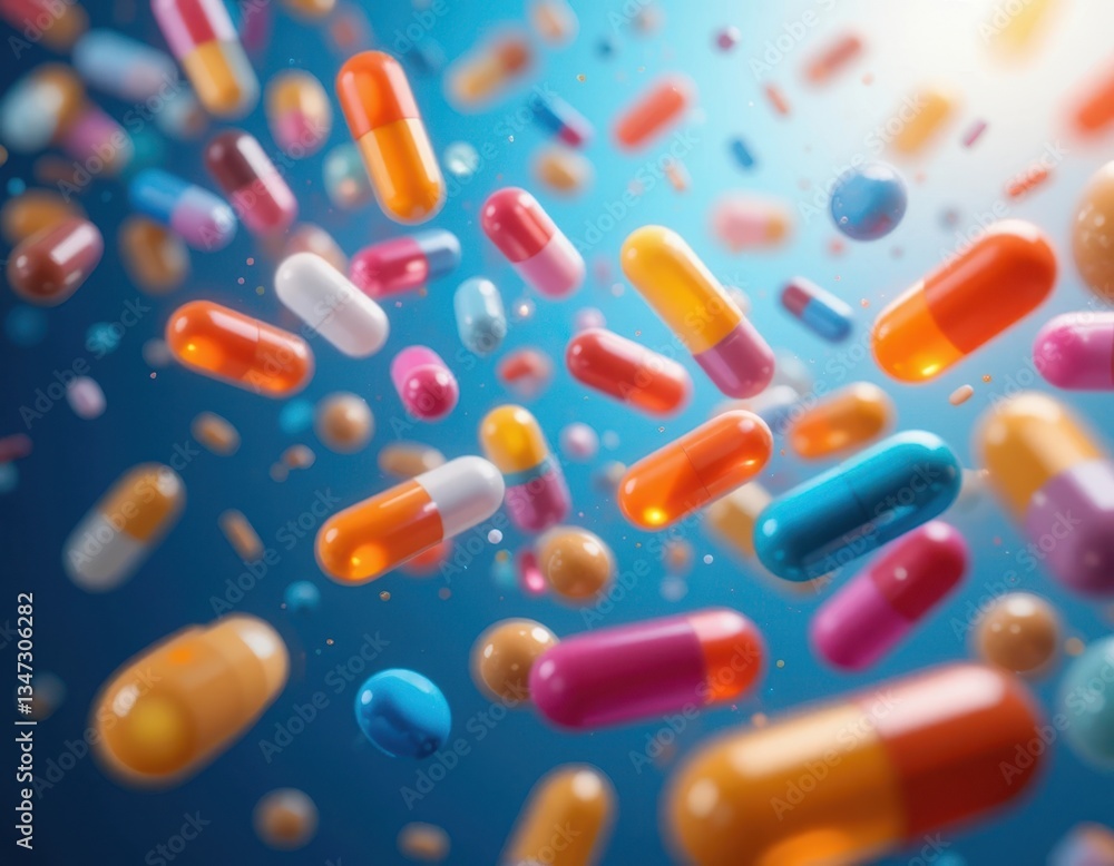 Explosive release of colorful capsules in motion science laboratory digital art blue background aerial view pharmaceutical concept Explosive release of colorful capsules in motion science laboratory digital art blue background aerial view pharmaceutical concept