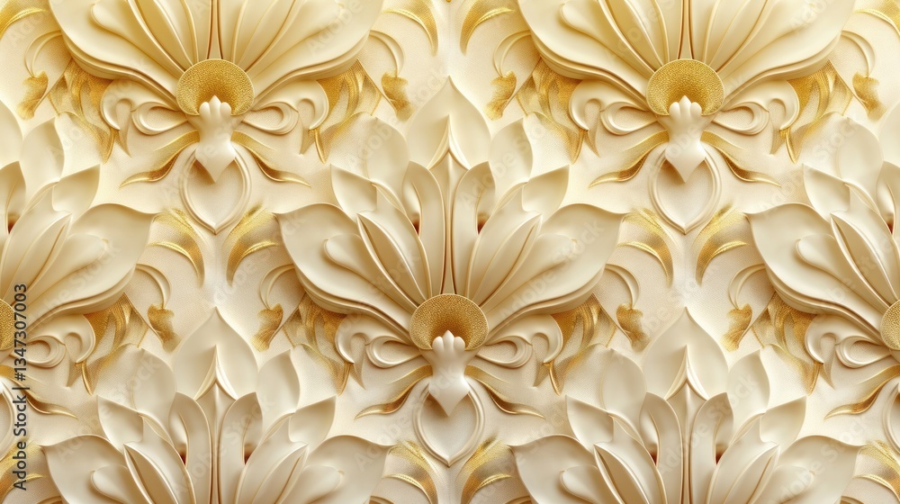 Floral motifs blend in a gold and ivory Art Deco pattern, enhancing elegant spaces with soft lighting Floral motifs blend in a gold and ivory Art Deco pattern, enhancing elegant spaces with soft lighting