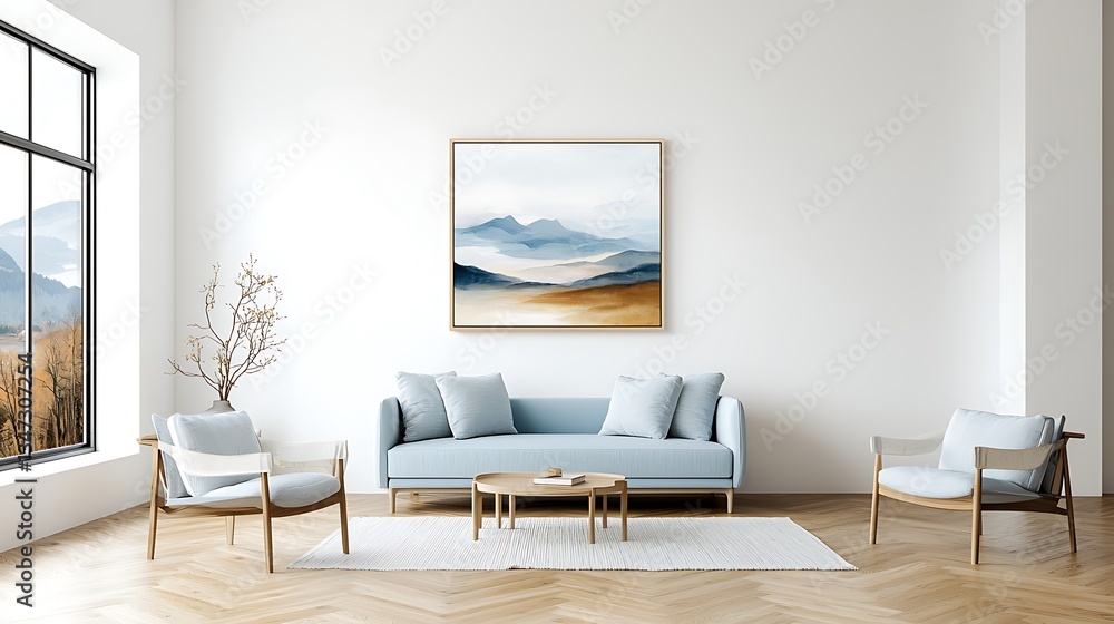Fototapeta premium Modern living room featuring a framed landscape painting