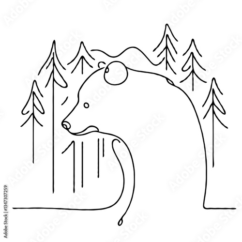 Outline of a bear in the taiga in a minimalist style