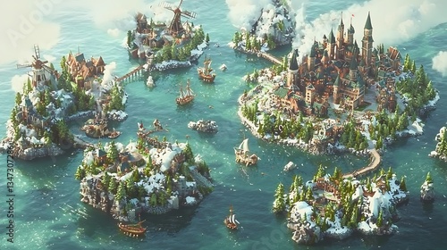Winter island archipelago, fantasy medieval towns