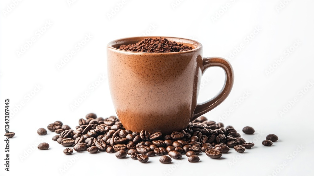 Coffee Cup Filled with Coffee Grounds Surrounded by Coffee Beans Coffee Cup Filled with Coffee Grounds Surrounded by Coffee Beans