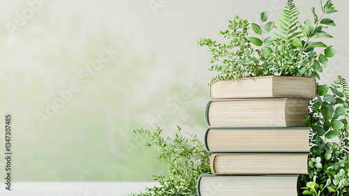 a stack of books surrounded by plants.