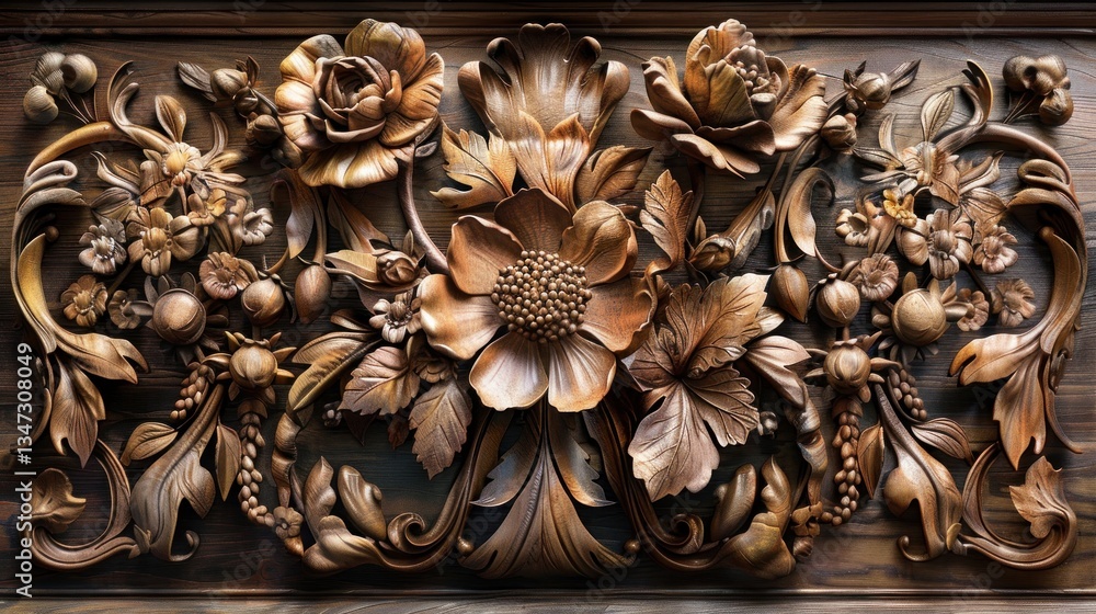 Floral carvings on a royal oak panel are enhanced by shadows and soft lighting, showcasing their rich details Floral carvings on a royal oak panel are enhanced by shadows and soft lighting, showcasing their rich details