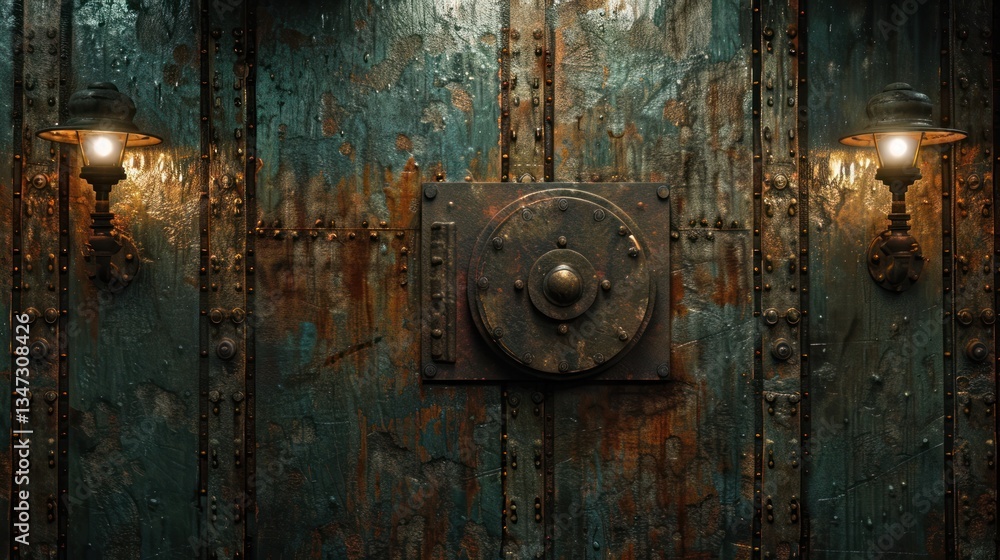 Fototapeta premium The vintage metal panel shows deep corrosion and organic stains, softly lit for a warm glow