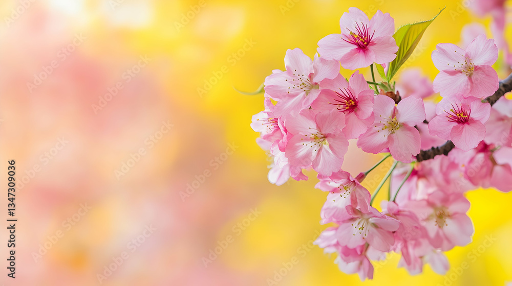 Horizontal banner featuring pink sakura blossoms on a vibrant yellow background, offering a serene springtime atmosphere with space for text16:9 - Image #1 @Celeste Horizontal banner featuring pink sakura blossoms on a vibrant yellow background, offering a serene springtime atmosphere with space for text16:9 - Image #1 @Celeste