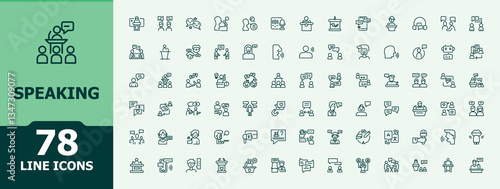 Speaking related icon set. It contains symbols to men, talk, conversation, man, speech and more. Minimal linear icons. Speak icon pack. Vector illustration. Pixel perfect.