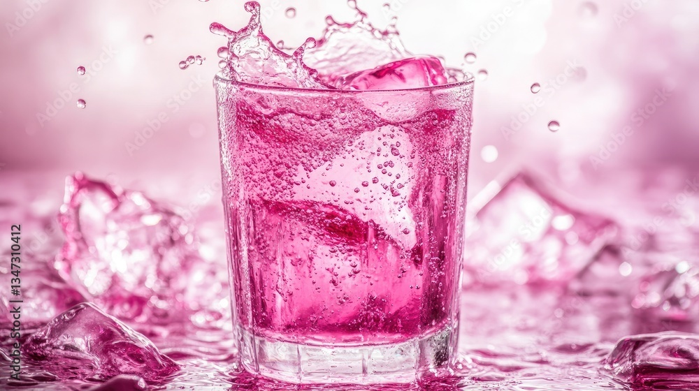 Bright pink drink splashing artistically, glossy texture and floating suspended drops. Bright pink drink splashing artistically, glossy texture and floating suspended drops.