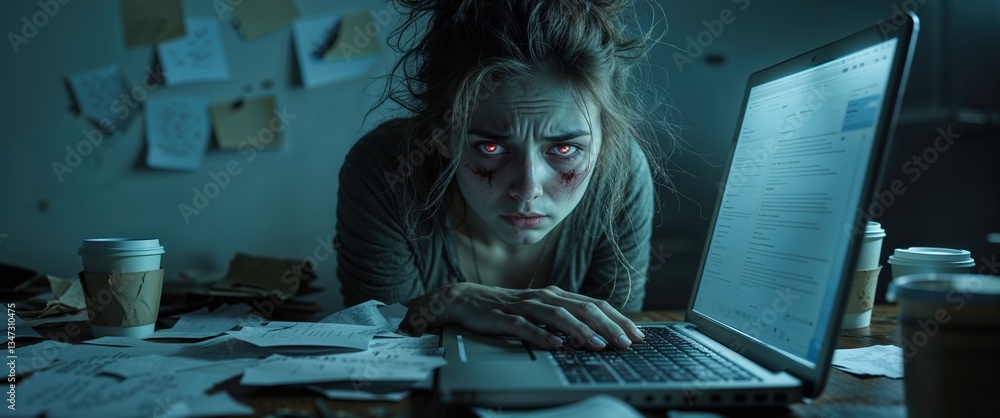 Fototapeta premium A young woman sits at a desk cluttered with papers and coffee cups, staring intensely at her laptop screen with a distressed expression