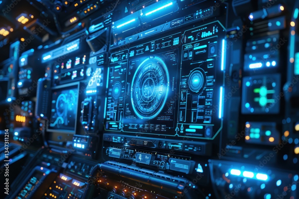 A sleek polygonal interface displays floating geometric data points in deep space, illuminated by soft blue light