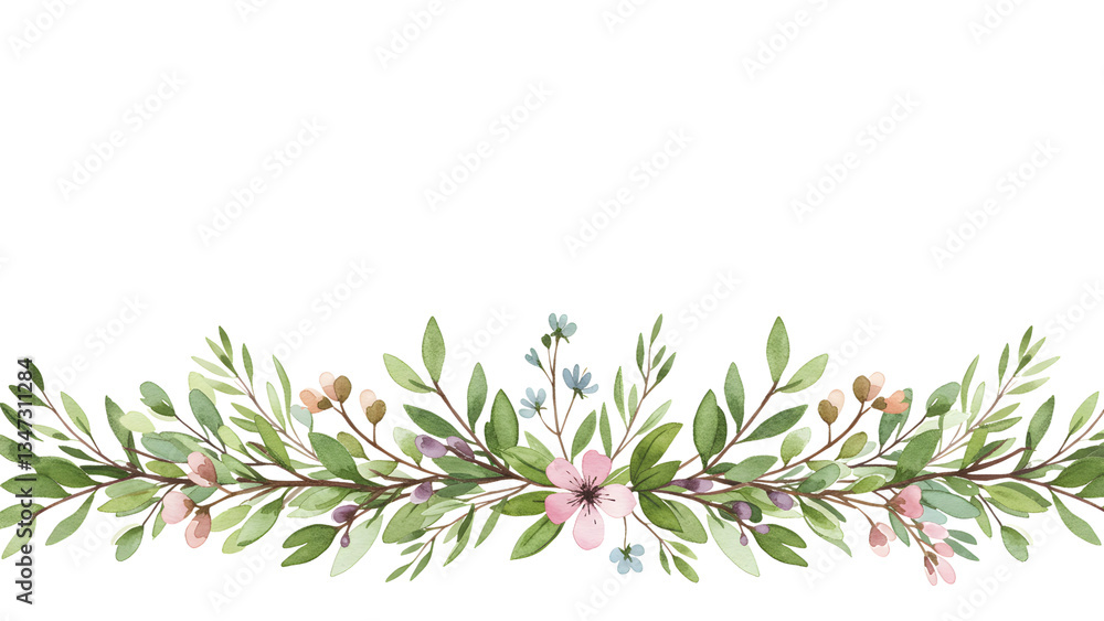 Fototapeta premium Watercolor Floral Border with Green Leaves and Pink Flowers on Black