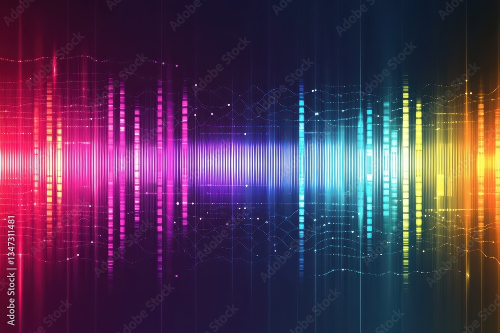 Vibrant spectrum of sound waves surging with energy, a symphony of color in a digital soundscape with glowing light streaks. Vibrant spectrum of sound waves surging with energy, a symphony of color in a digital soundscape with glowing light streaks.