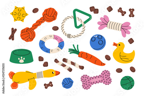 Dog toys. Cartoon cute doggy rubber and plush accessories, colorful flat balls bones ropes and chewing stuff for adult dogs and puppies. Vector pet shop set