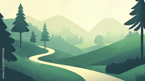 Winding Path through Serene Green Valley Landscape.
