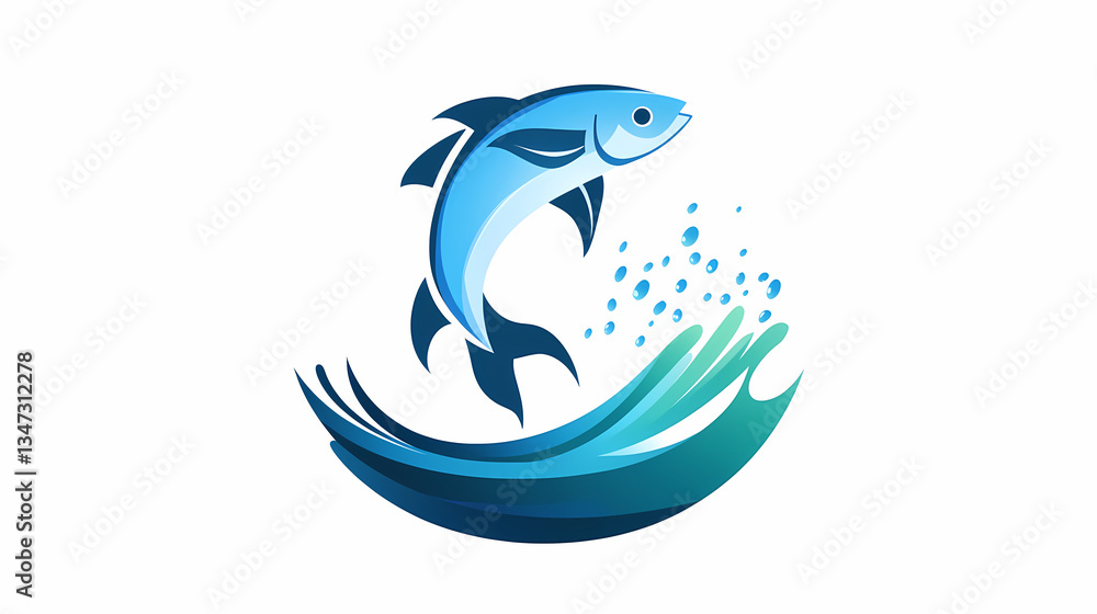 Fototapeta premium Aquatic Ascent: A stylized illustration of a leaping fish, symbolizing vitality and freedom, against the backdrop of cascading waves and a serene aquatic ambiance.