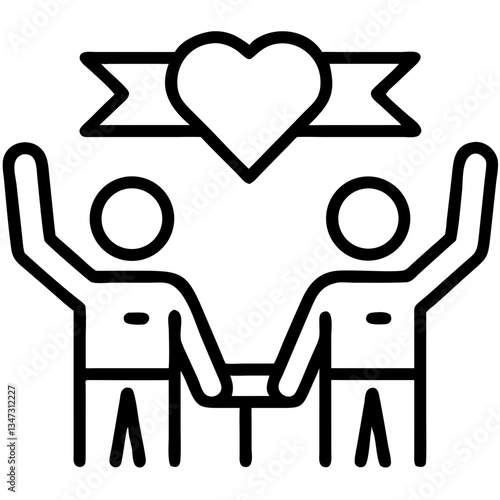 Two people celebrating love with raised hands and heart banner, Celebrating differences