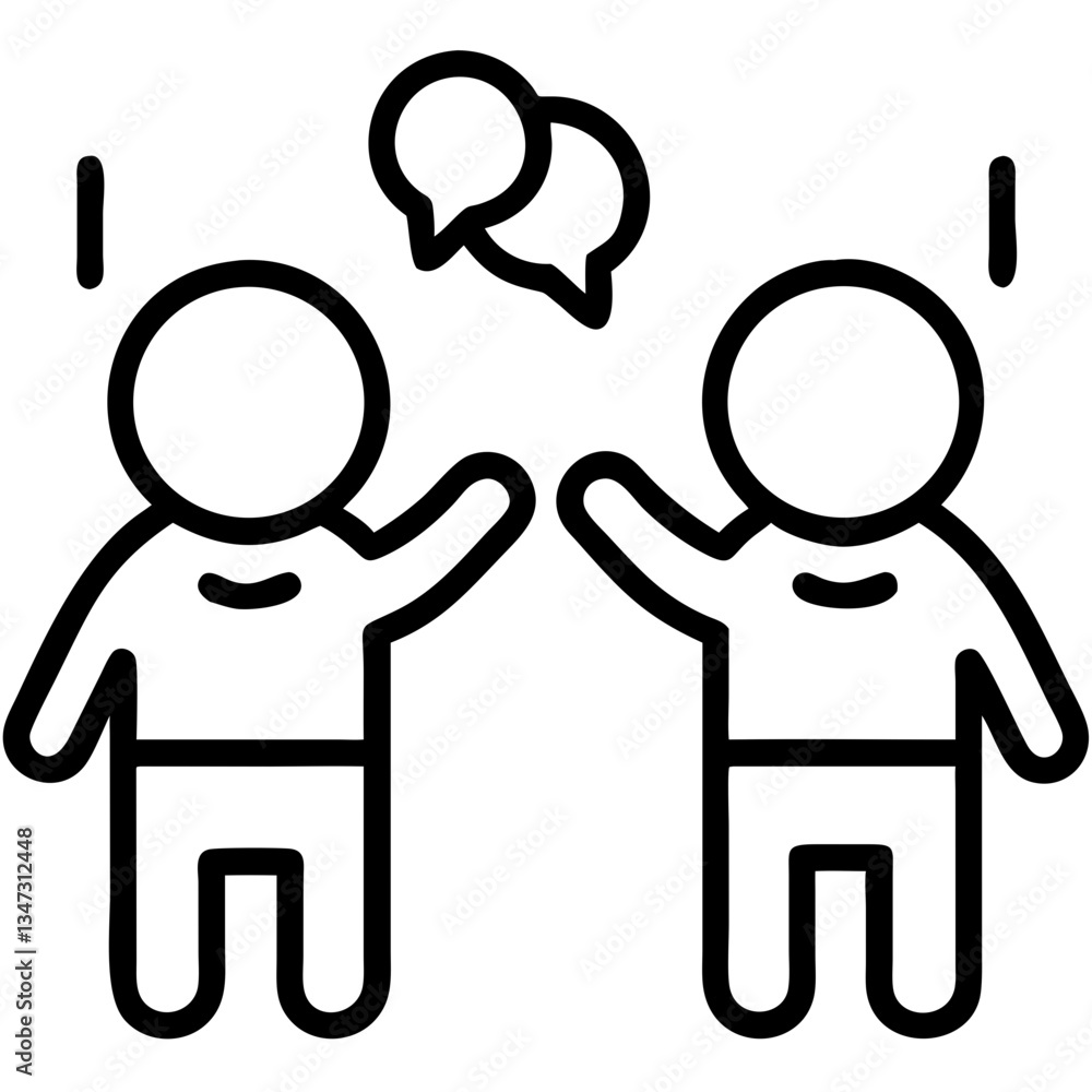 Fototapeta premium Two stick figures communicating with speech bubbles, Intercultural toddlers