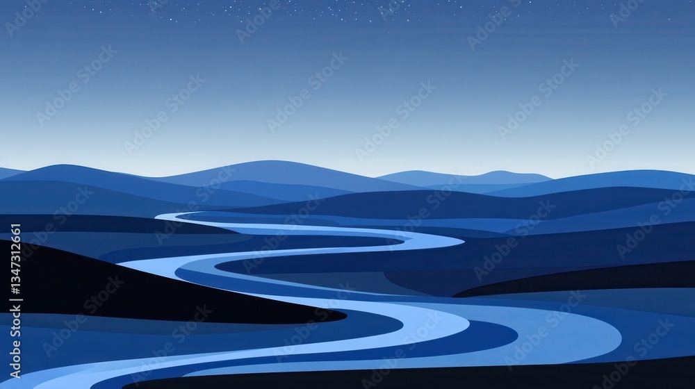 Winding River at Night with Mountain Landscape. Winding River at Night with Mountain Landscape.