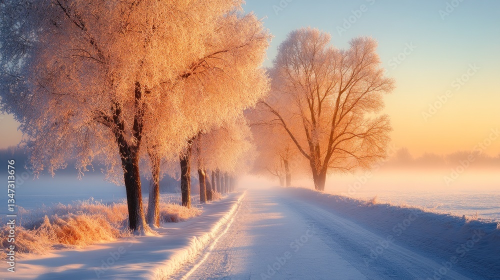 Winter wonderland road lined with frosted trees at sunrise Winter wonderland road lined with frosted trees at sunrise