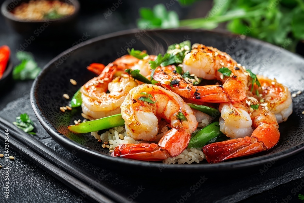 Delicious serving of steaming hot shrimp with rice and mangetout, garnished with sesame seeds and coriander, served in a black bowl Delicious serving of steaming hot shrimp with rice and mangetout, garnished with sesame seeds and coriander, served in a black bowl