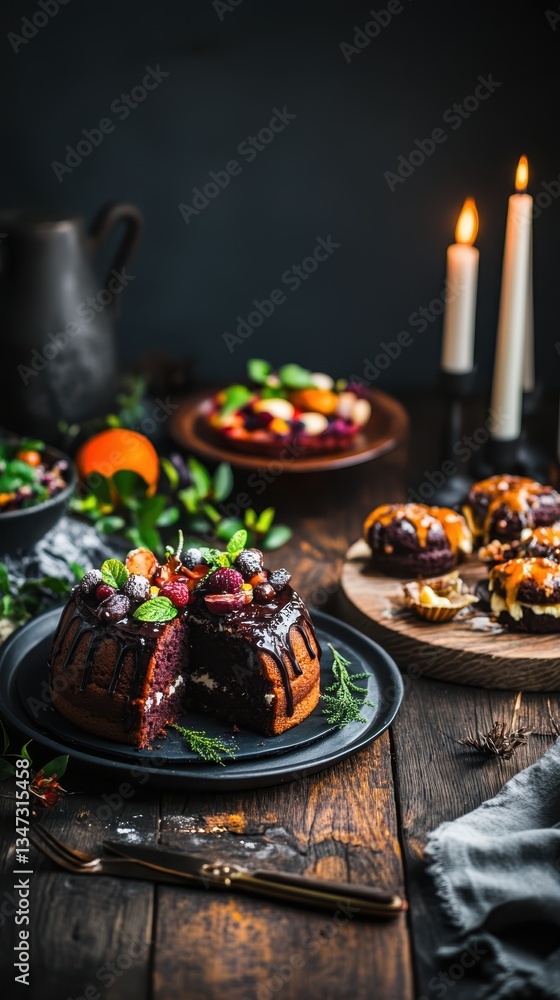 Fototapeta premium Decadent chocolate cake and pastries amid candlelit rustic setting