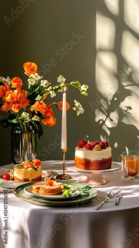Wallpaper Mural Elegant afternoon tea setup with floral arrangement and cakes in sunlit room Torontodigital.ca