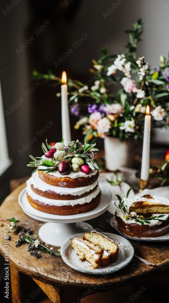 Naklejka premium Rustic floral cake with candles and slices on wooden table for celebratory setting