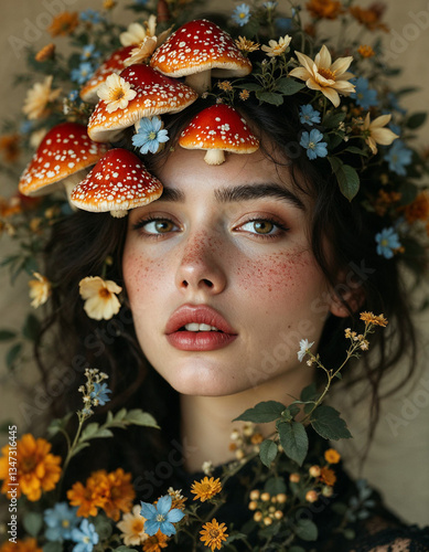 Enchanting surreal portrait of a delicate young woman with dark, wavy hair