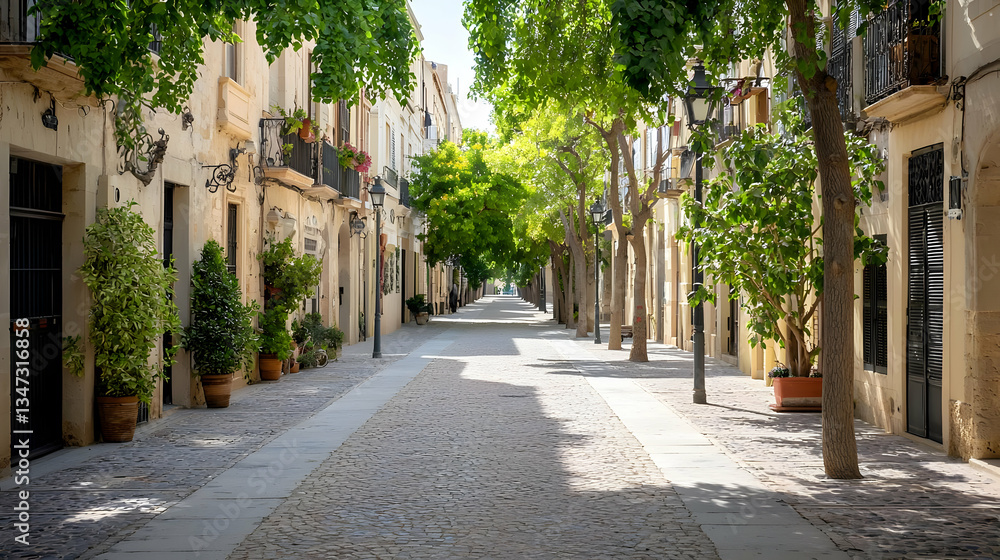 Obraz premium Charming European Street Scene With Stone Paved Road Lined By Buildings And Trees Under Bright Daylight