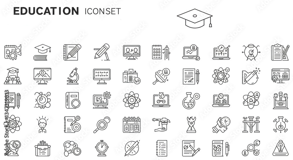 A comprehensive icon set celebrating the journey of education, from graduation caps to scientific breakthroughs, in a clean and modern minimalist line art style. A comprehensive icon set celebrating the journey of education, from graduation caps to scientific breakthroughs, in a clean and modern minimalist line art style.