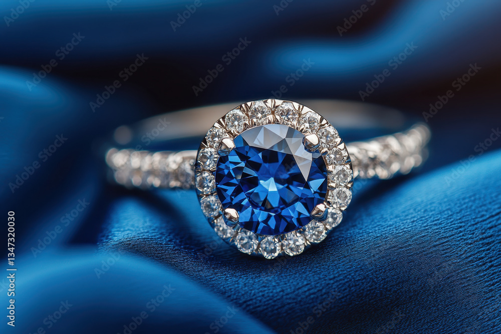 Blue sapphire engagement ring with diamonds on blue velvet, elegant and sparkling against the rich fabric background. Blue sapphire engagement ring with diamonds on blue velvet, elegant and sparkling against the rich fabric background.