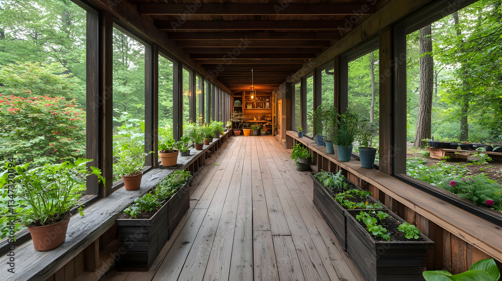 Long Wooden Hallway With Potted Plants on Display Creating a Nature Filled Interior Design Perspective Long Wooden Hallway With Potted Plants on Display Creating a Nature Filled Interior Design Perspective