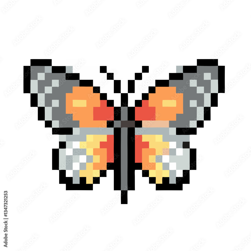 Fototapeta premium pixelated butterfly with colorful wing patterns. A digital representation of the butterfly, rendered in a pixel art style