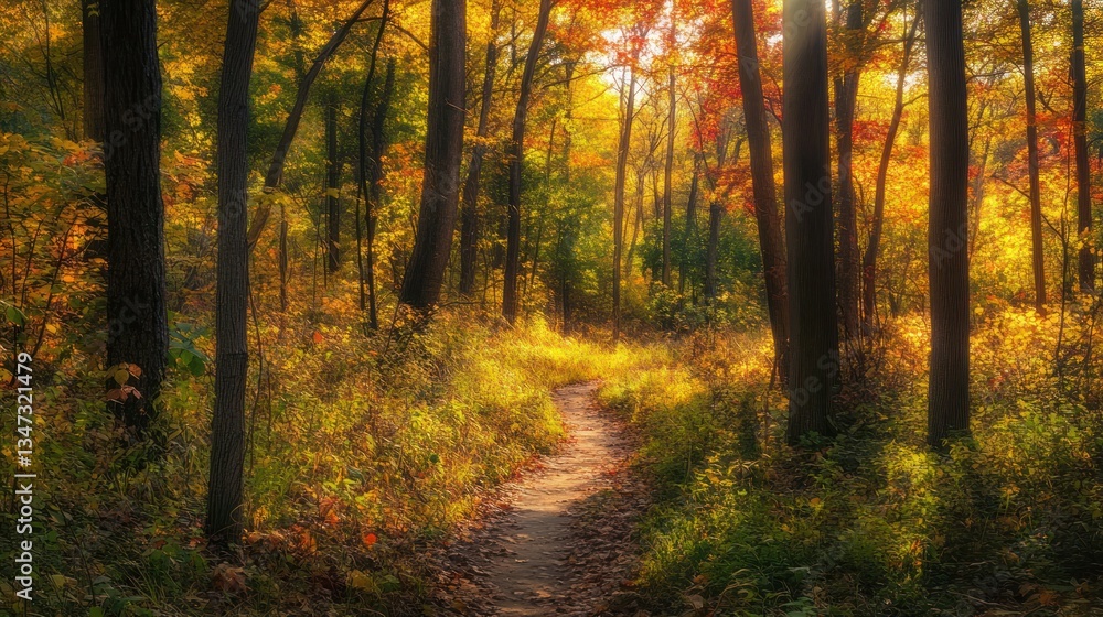 Autumn trail through vibrant forest, sunlight dappling leaves, peaceful nature scene, ideal for fall themed designs Autumn trail through vibrant forest, sunlight dappling leaves, peaceful nature scene, ideal for fall themed designs