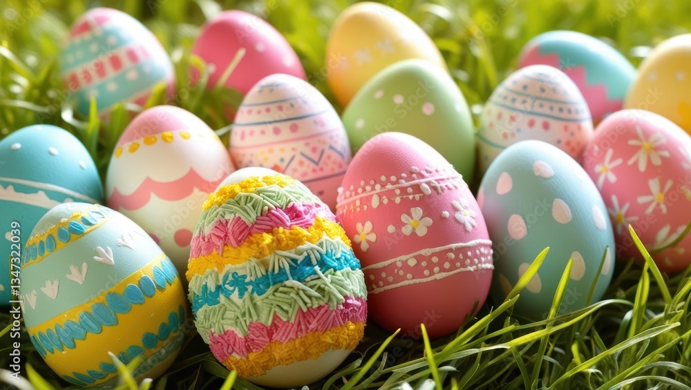 Fototapeta premium Colorful Easter Eggs Arranged Side By Side On Fresh Green Grass, Symbolizing The Joy And Renewal Of The Spring Season, Perfect For Celebrating The Traditional Holiday With Festive Decorations.