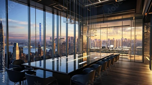 High-rise city meeting room at dawn