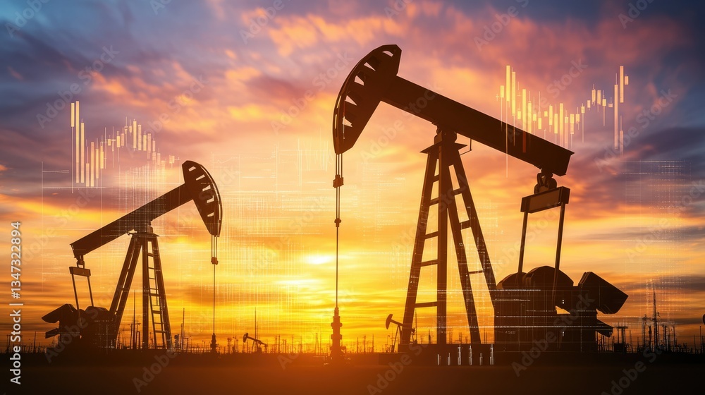 3D Visualization of Oil Pump Jacks Against Sunset: An Insight Into Declining Oil Market Trends and Financial Analytics 3D Visualization of Oil Pump Jacks Against Sunset: An Insight Into Declining Oil Market Trends and Financial Analytics