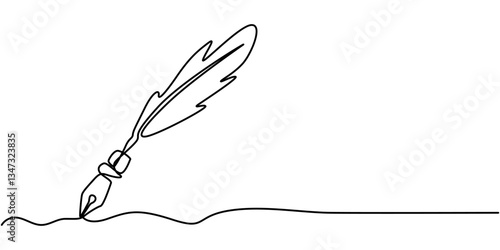 continuous line classic quill pen.one line drawing of quill pen.single line vector illustration.isolated white background, Scroll with inkwell and feather continuous line drawing. One line art of love