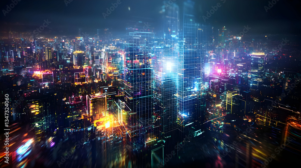 Aerial View Of Glowing Night City Aerial View Of Glowing Night City
