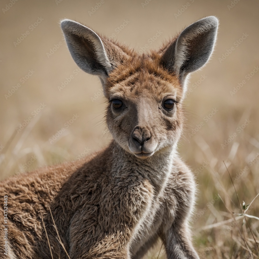 Fototapeta premium A baby kangaroo peeking out of its mother’s pouch, white background.