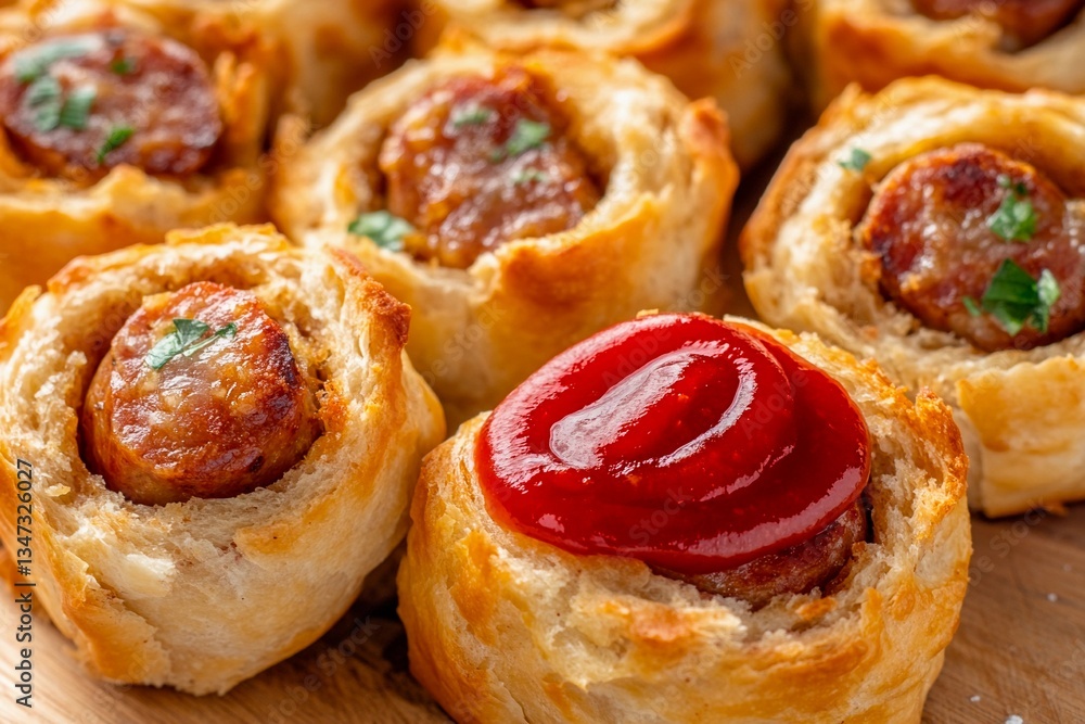 Platter showcases warm pastry rolls filled with juicy sausage, garnished with herbs, and artistically topped with bright red ketchup, perfect for snacks or parties Platter showcases warm pastry rolls filled with juicy sausage, garnished with herbs, and artistically topped with bright red ketchup, perfect for snacks or parties