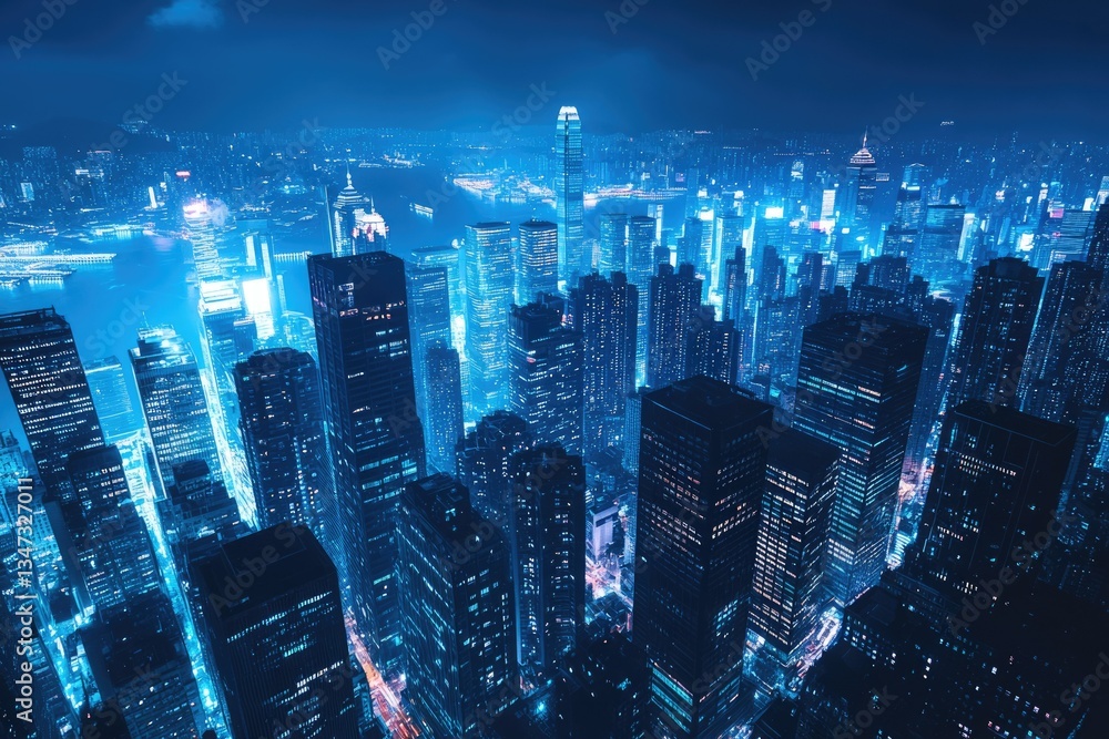 Obraz premium Illuminated Urban Nightscape: Blue-Hued View of Downtown Skyscrapers in New York City