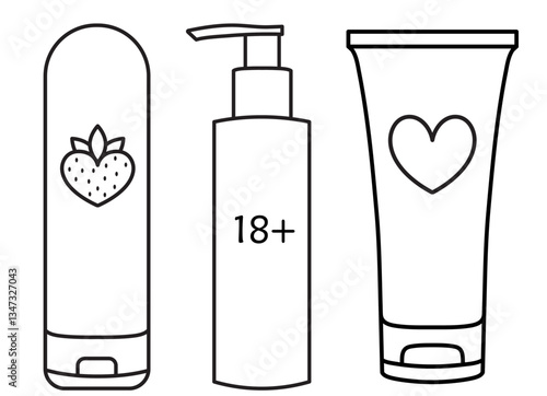 a set of types of intimate cosmetics, adult sex toys, accessories for sexual games and bdsm, linear black and white icons, doodle and sketch style, hand drawing