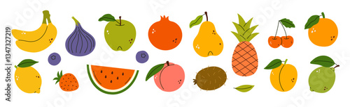 Vector doodle illustrations of fruits and berries. Vegetarian organic food for healthy eating. Vegan lifestyle, fresh nutrition.