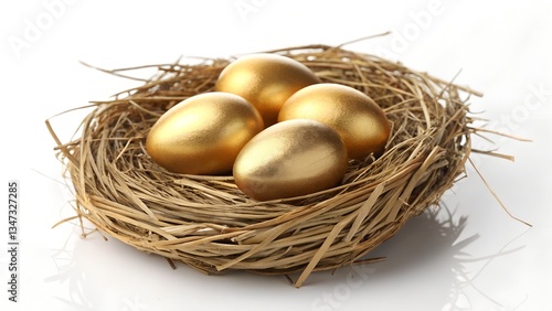 Golden Eggs in Bird's Nest with Twigs and Straw. Golden Eggs in a Straw Nest – Symbol of Wealth and Prosperity photo