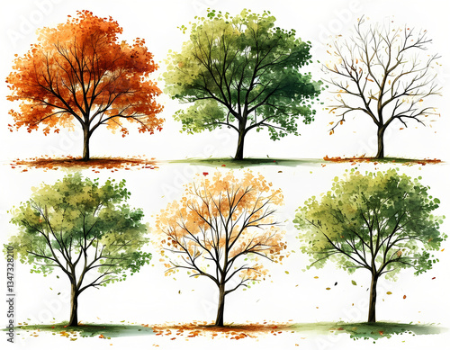 four seasons watercolor trees sketch, spring, summer, autumn and winter