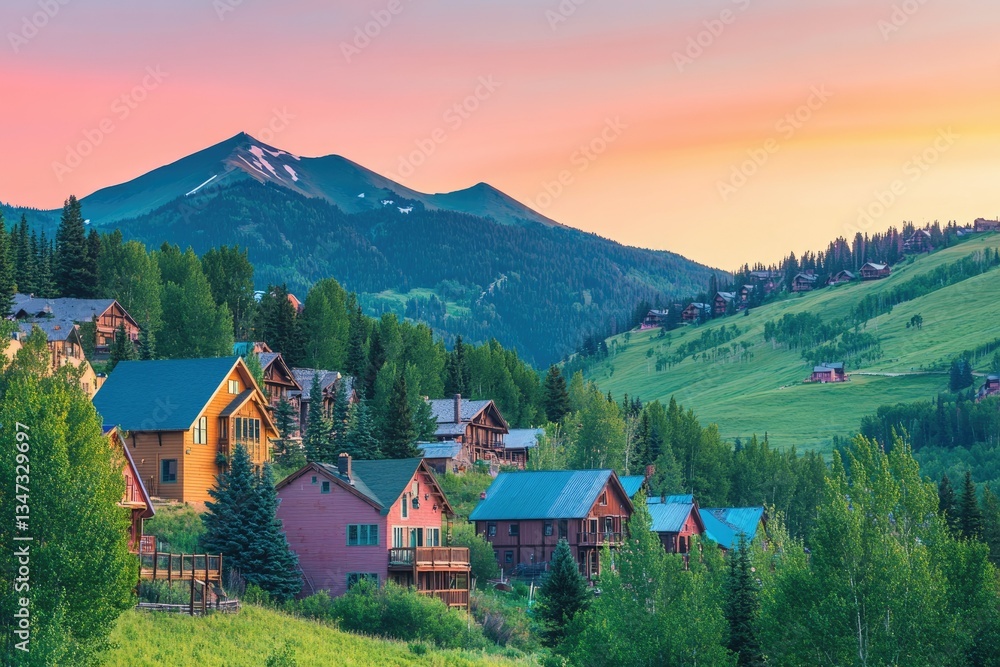 Obraz premium Summer Sunset Over Mount Crested Butte: Charming Colorado Houses Amidst Lush Green Trees