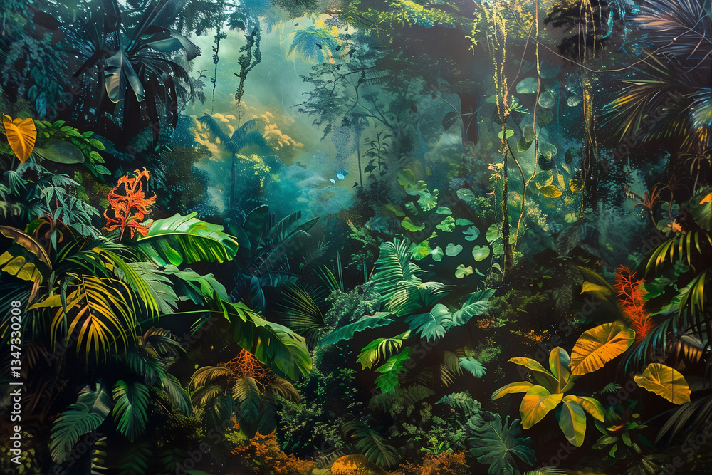 Fototapeta premium A vivid and abundant portrayal of a rainforest, showcasing its multi-layered vegetation, vibrant plant life, and distinct atmosphere of moisture and diverse life forms that characterize exceptio