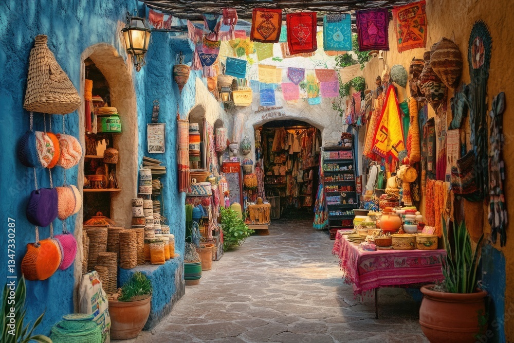 Fototapeta premium Vibrant Mexico Market: A Captivating Alleyway Showcasing Local Crafts and Artistry in Baja California